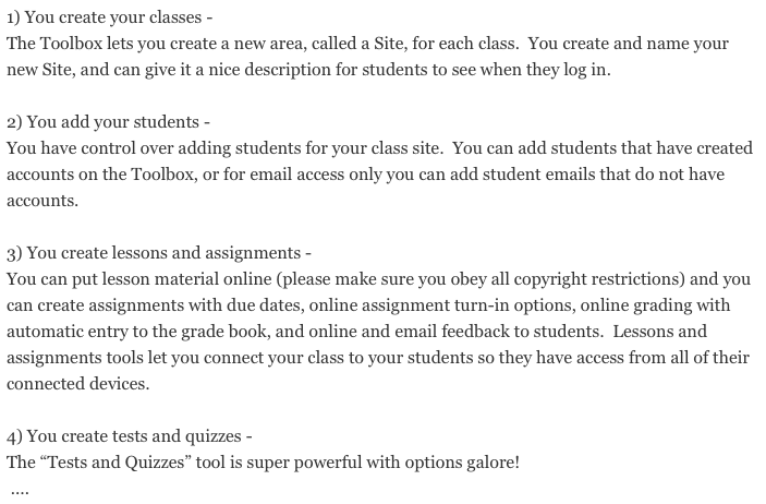 How does the Toolbox help me manage my class(es)?